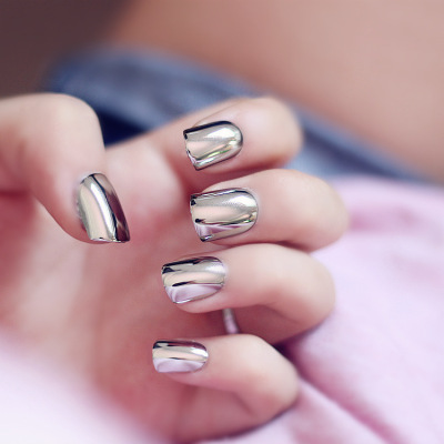 欧美短款朋克金属风 金属烟灰色 成品甲片24片胶水款 个性假指甲