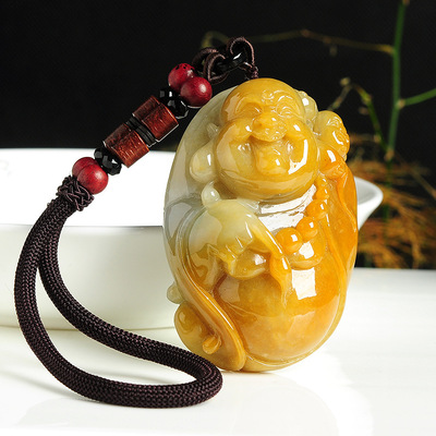 缅甸玉全黄翡弥勒佛玉石手玩玉佛把件 正品a货翡翠笑佛把玩配证书