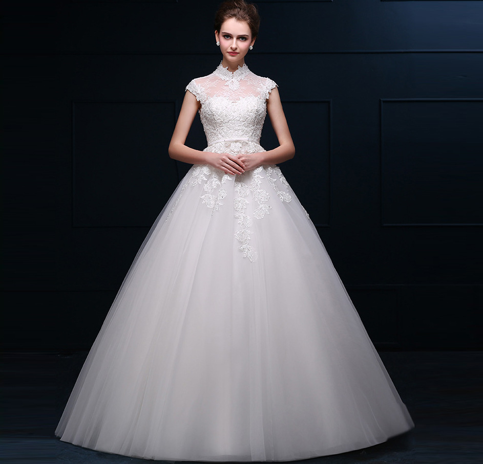 招商立领无袖新娘婚纱收腰显瘦礼服