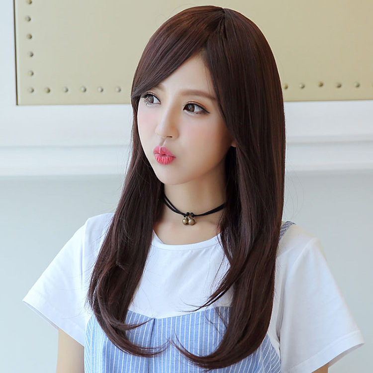 假发女中长斜刘海逼真自然长直发 梨花头微卷修脸长发气质全头套