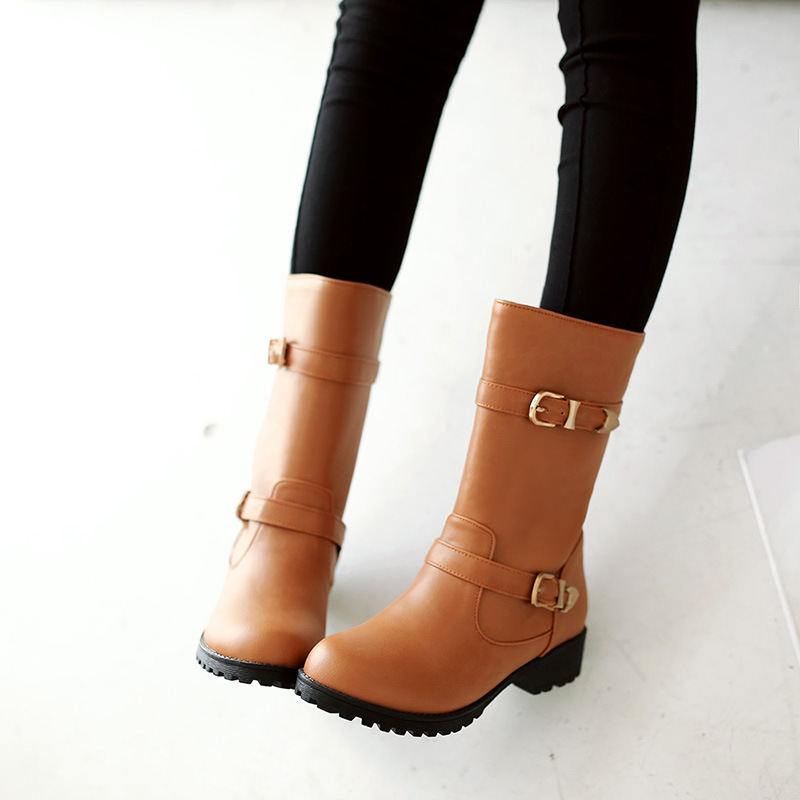 复古皮带扣欧美罗马皮靴短筒机车靴马丁靴 低跟外贸靴大码靴x228