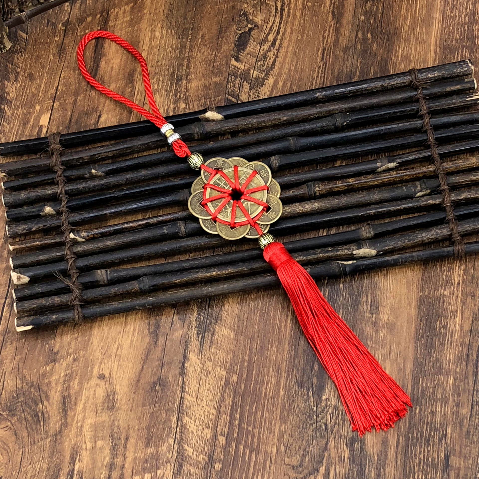 爆款铜钱中国结挂件汽车挂饰出入平安铜钱串 梅花串铜钱挂件批发