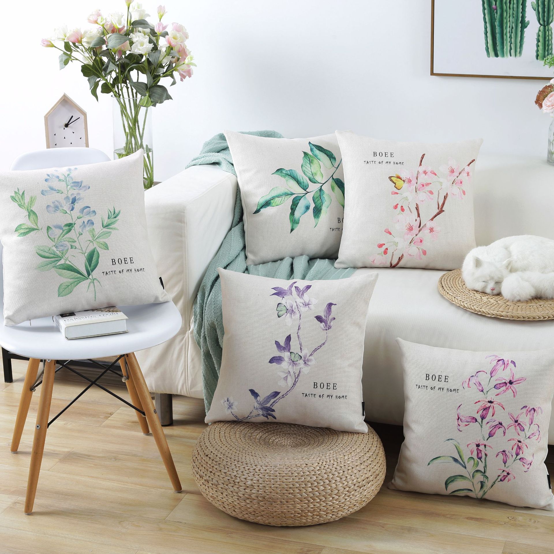 厂家直销植物花卉棉麻抱枕套汽车床头靠枕靠垫办公室沙发抱枕定制