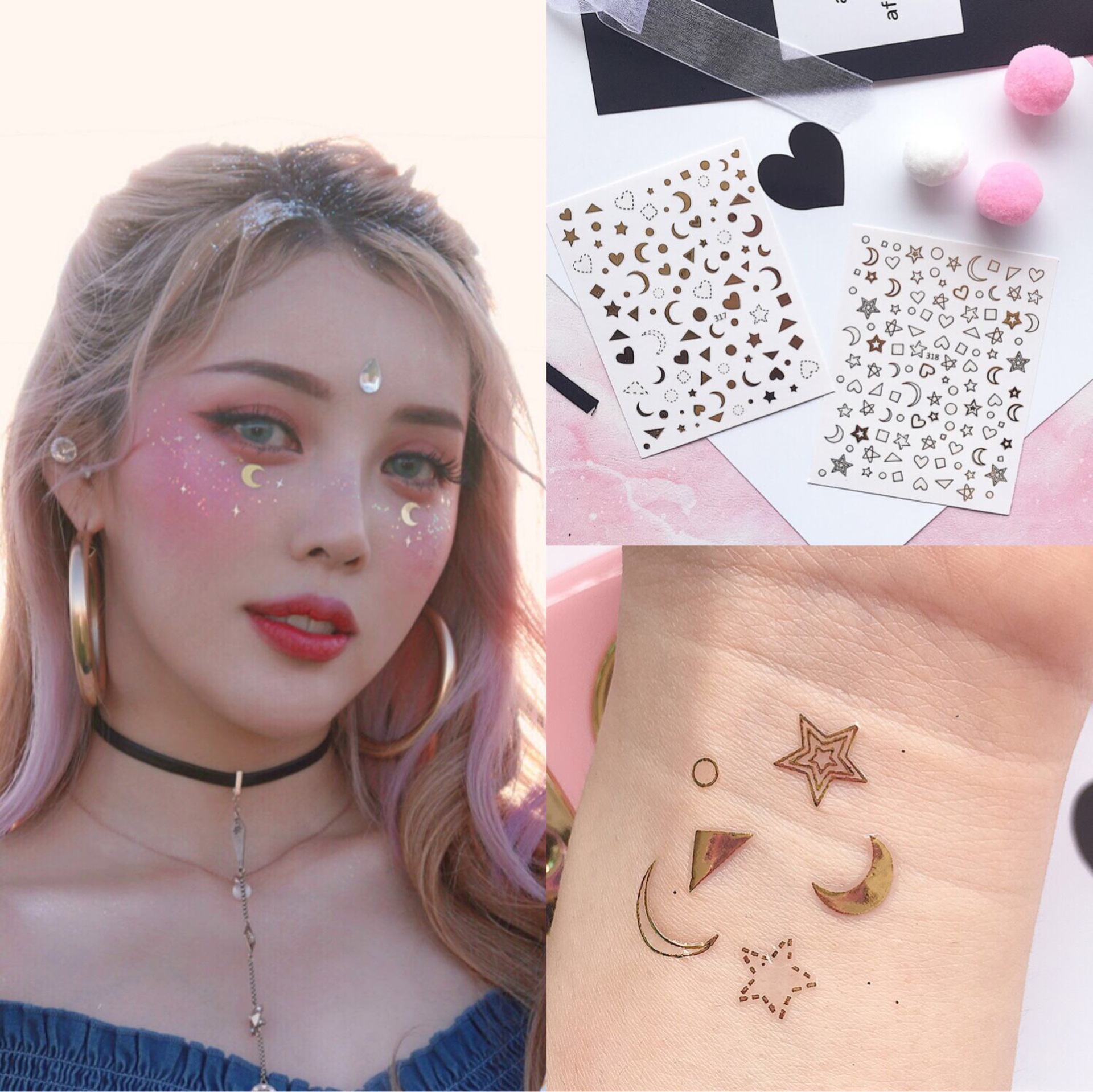 pony朴惠敏同款月亮贴纸 脸部贴饰 镂空美甲贴直接贴指甲星星贴花