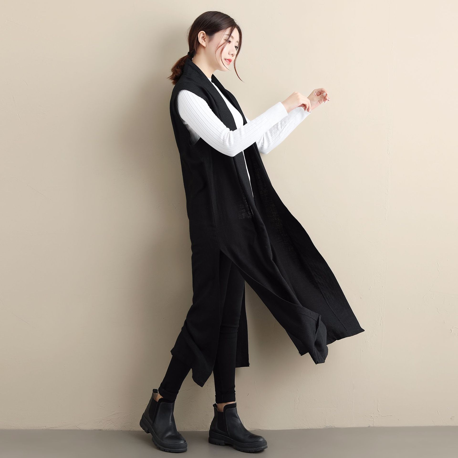 原创亚麻长马褂 女国风复古文艺风马甲纯色长款开衫马褂时尚潮人