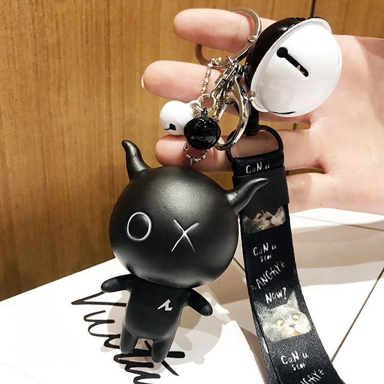 创意卡通搪胶安逗黑仔钥匙扣可爱铃铛女士包包挂饰汽车钥匙链挂件