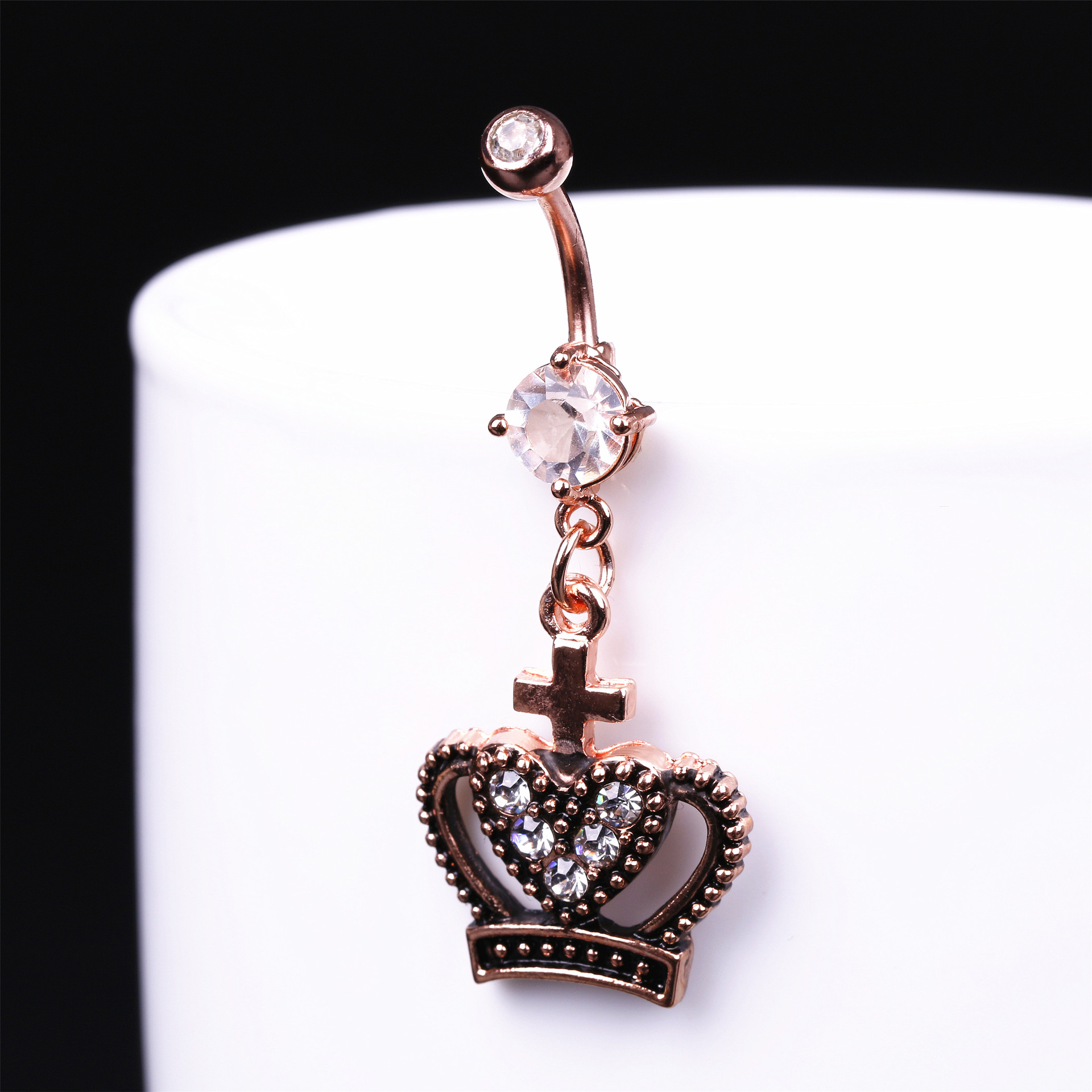 皇冠吊坠挂坠合金脐环玫瑰金复古肚脐环仿古不锈钢低敏镶钻肚脐钉