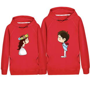 2018春季套头连帽卫衣薄款长袖情侣装 韩版宽松结婚图案定制