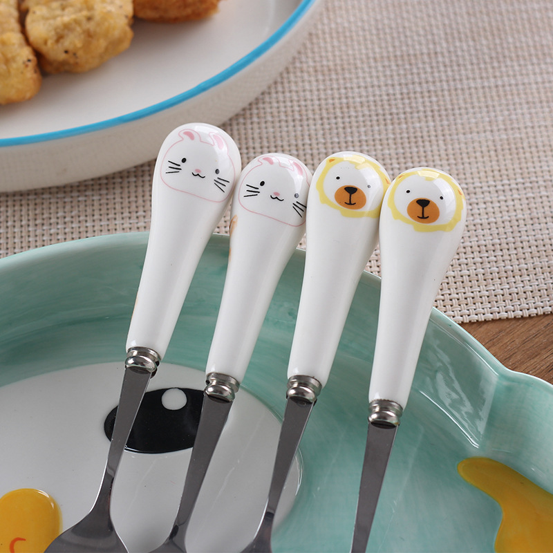 Creative Cute Pet Series Cartoon Porcelain Handle Spoon Stainless Steel Children's Tableware Dessert Spoon Fruit Fork Coffee Spoon