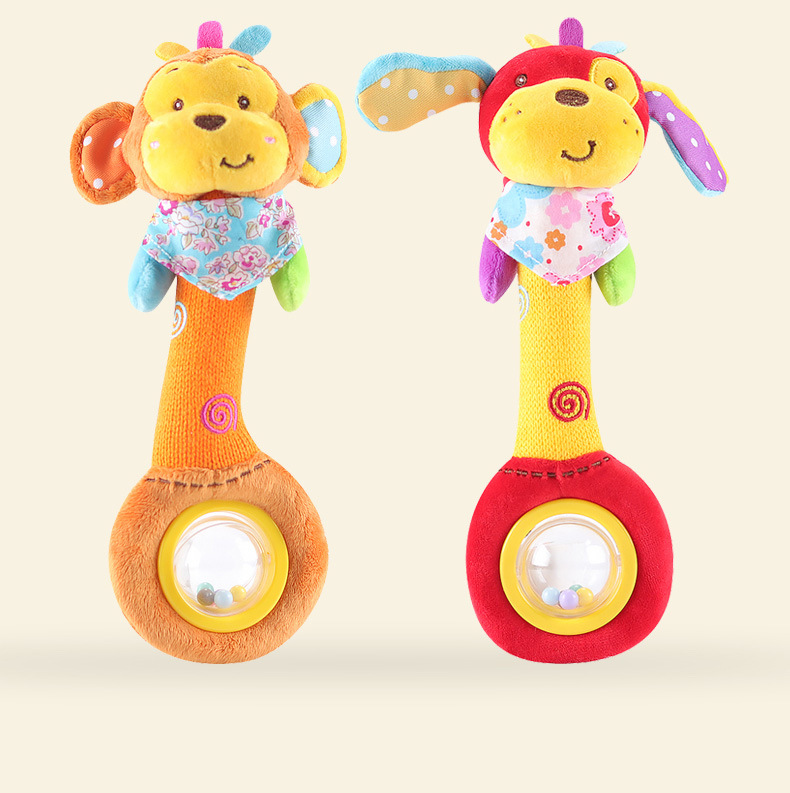 婴儿摇铃手抓动物bb棒宝宝0-1岁卡通动物毛绒安抚玩具跨境