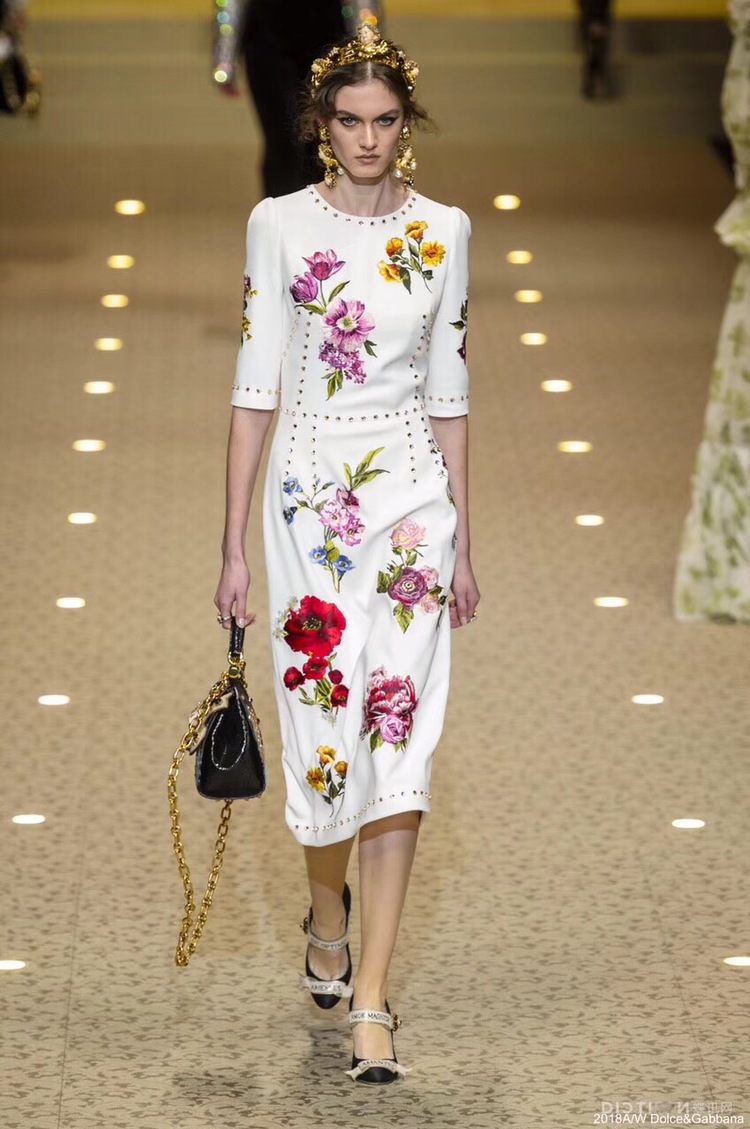 2018女装连衣裙夏季新高腰修身圆领五分袖印花钉珠中长裙一件代发