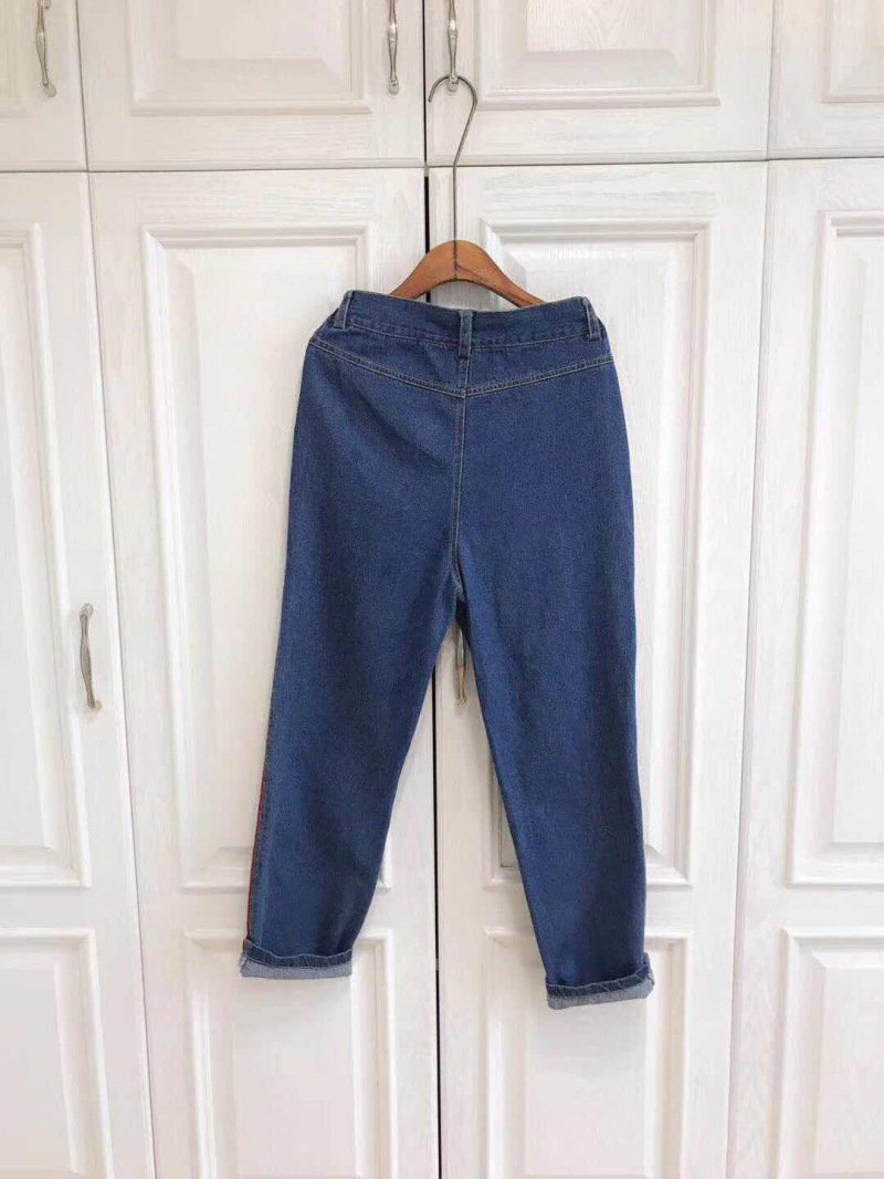 学院风休闲裤腿翻边红色爱心刺绣两侧红线牛仔裤长裤一件代发