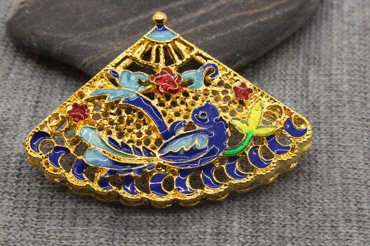 景泰蓝工艺烧蓝孔雀配件批发diy饰品滴油珐琅彩扇形喜鹊挂件