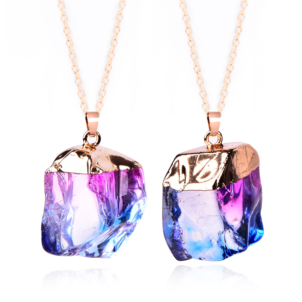 彩色天然石项链 透明多色水晶吊坠 原石天然石头链条项链颈链