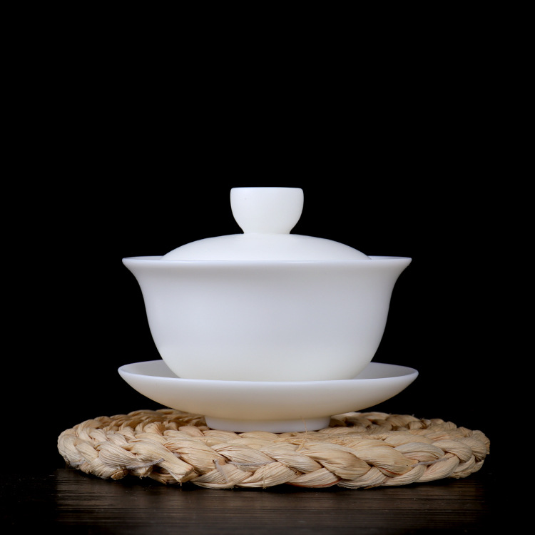 高档羊脂玉贵妃盖碗茶具中国白陶瓷大号码三才杯白瓷敬茶杯茶器