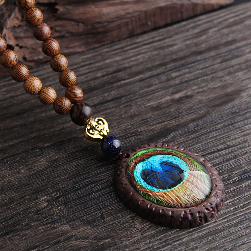 Long Wooden Bead Decorative Necklace Creative Peacock Feather Pendant Ethnic Sweater Chain Bohemian Accessories Pendant