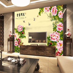 8d大型中式壁画 影视墙壁纸背景墙 花开富贵牡丹 无纺布无缝墙纸