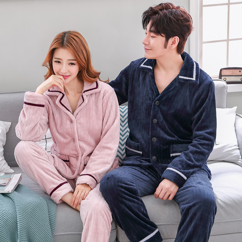 珊瑚绒情侣睡衣女秋冬加厚加绒韩版开衫法兰绒男士家居服冬季套装