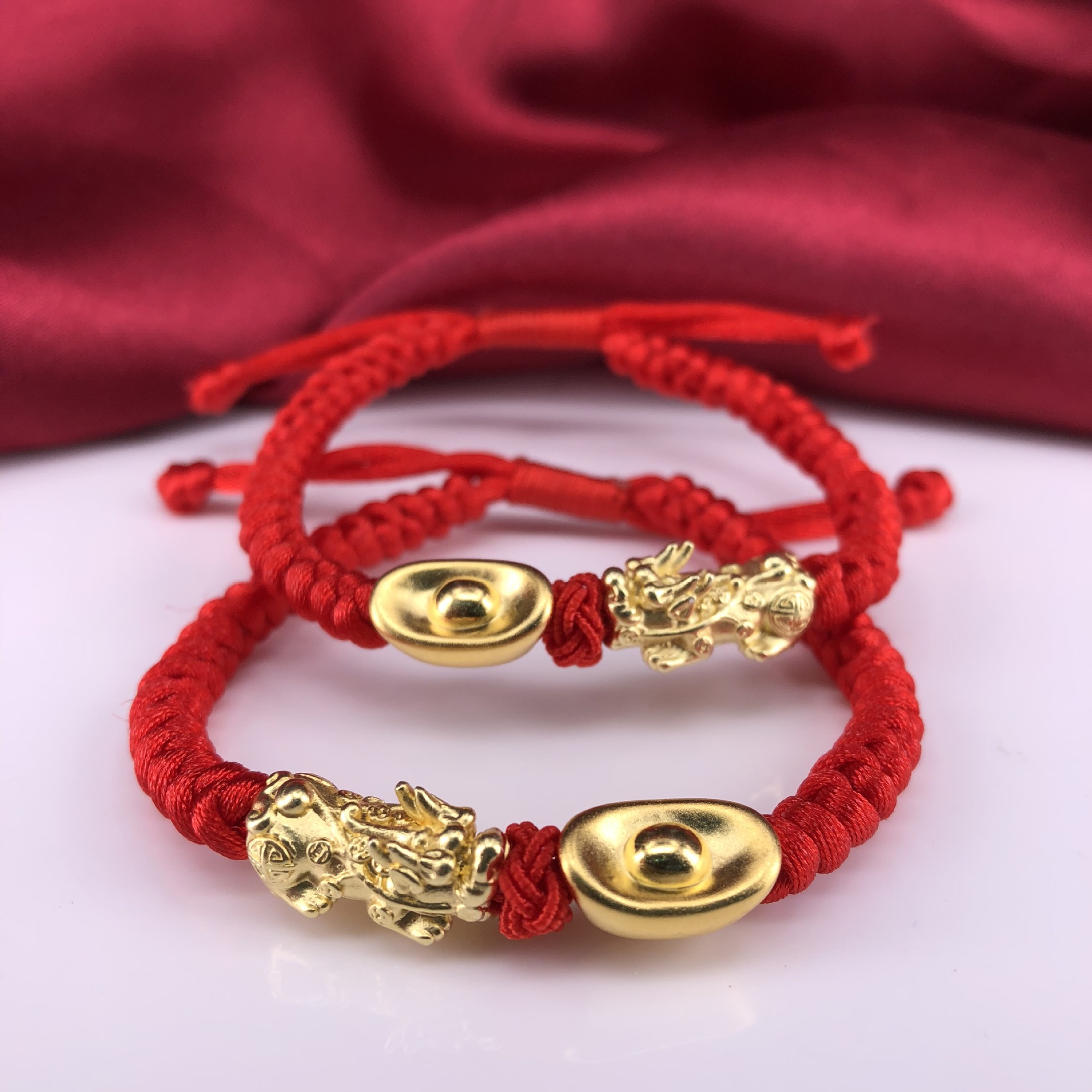 3d硬银纯银999镀金黄金色貔貅金元宝银铜钱diy配件红绳手串手链