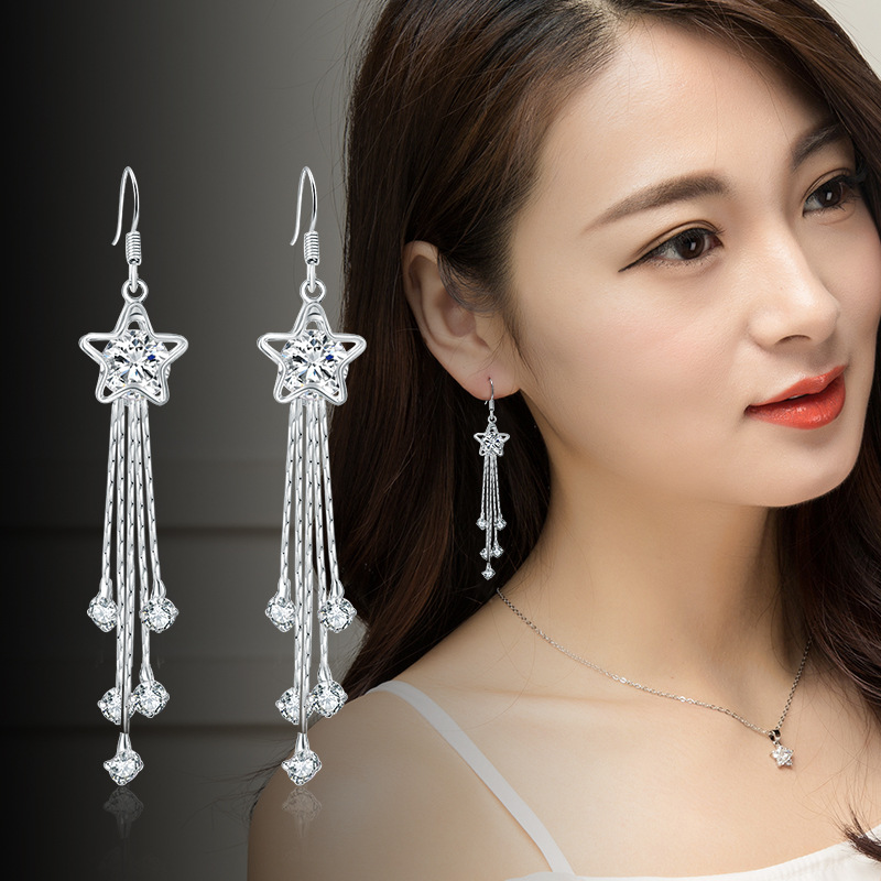 S Earrings Women's Korean-Style Long and Simple 925 Sterling Silver Tassel Earrings Crystal Personality Wild Earrings