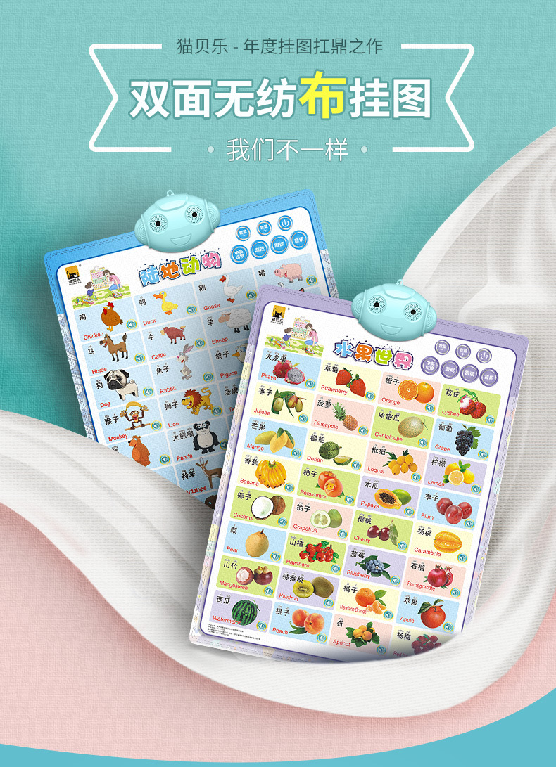 猫贝乐无纺布有声挂图宝宝儿童早教拼音数字人物动物发声挂图批发