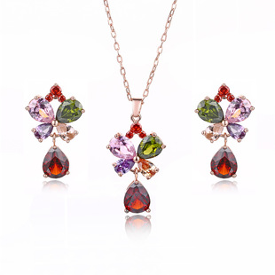 新娘饰品两件套 项链耳钉套装 花卉镶钻镀金首饰套装 珠宝套装