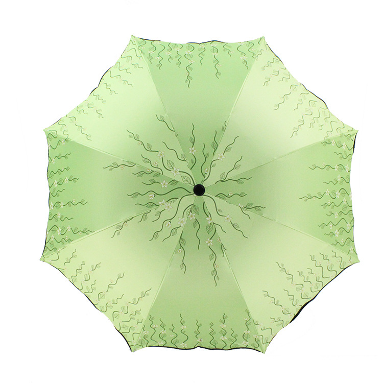荷叶边小清新雨伞折叠女 黑胶小花树叶防晒太阳伞创意三折晴雨