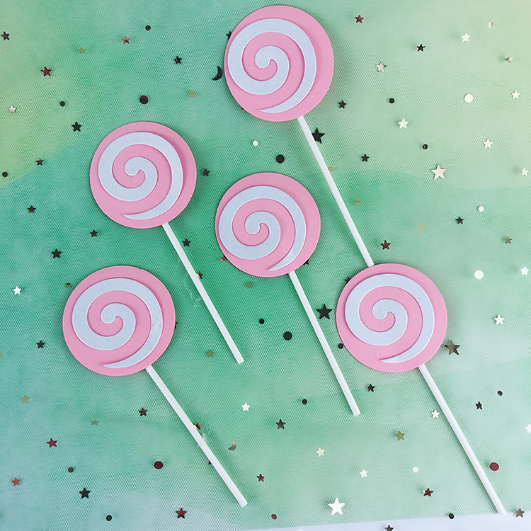 粉蓝紫棒棒糖插件儿童男女生插签插牌生日蛋糕装饰烘焙甜品台5支