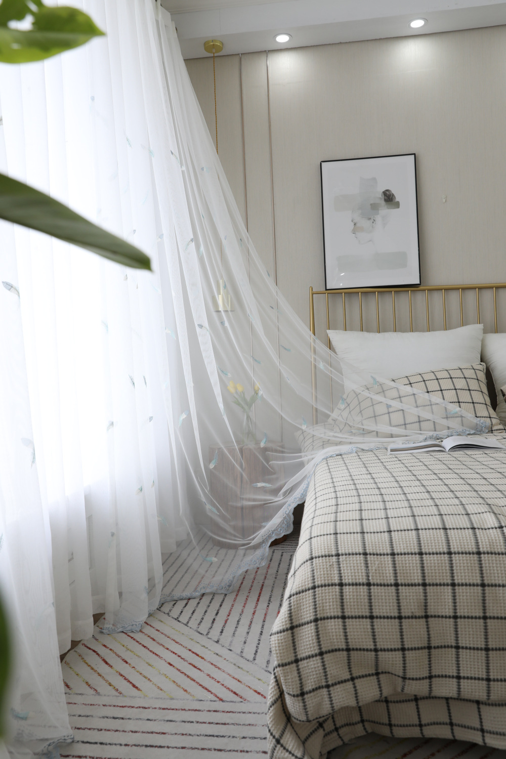 定制现代简约北欧绣花窗帘清新羽毛苏绣纱帘客厅卧室网红ins纱帘