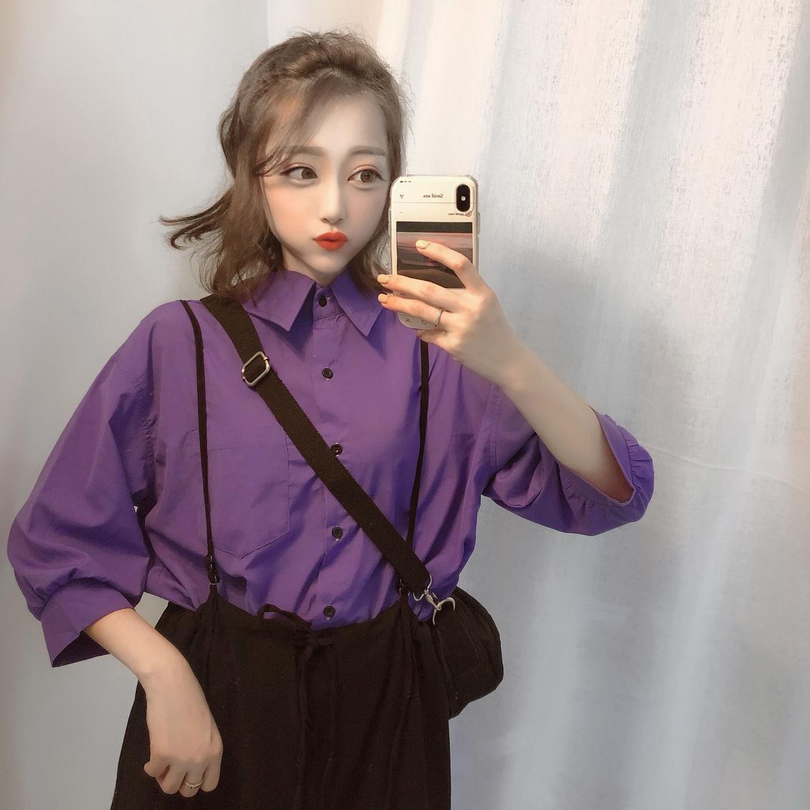 实拍时尚套装夏季紫色衬衫 吊带高腰阔腿裤九分裤两件套 p311a