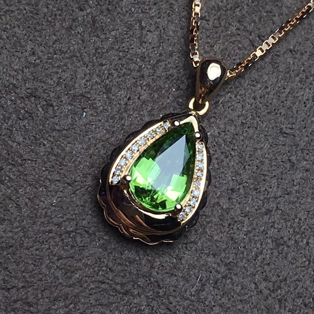 欧美简约水滴形巴西天然绿碧玺吊坠 18k玫瑰金镶嵌彩色宝石项链女