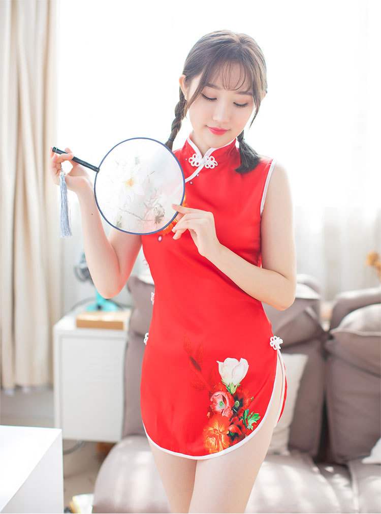 2018媚火品牌性感情趣内衣复古开叉修身超短旗袍