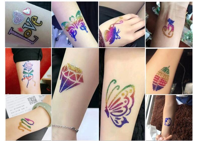 钻石闪粉纹身套装半长久3d防水纹身图案闪粉套装美甲金粉纹身贴