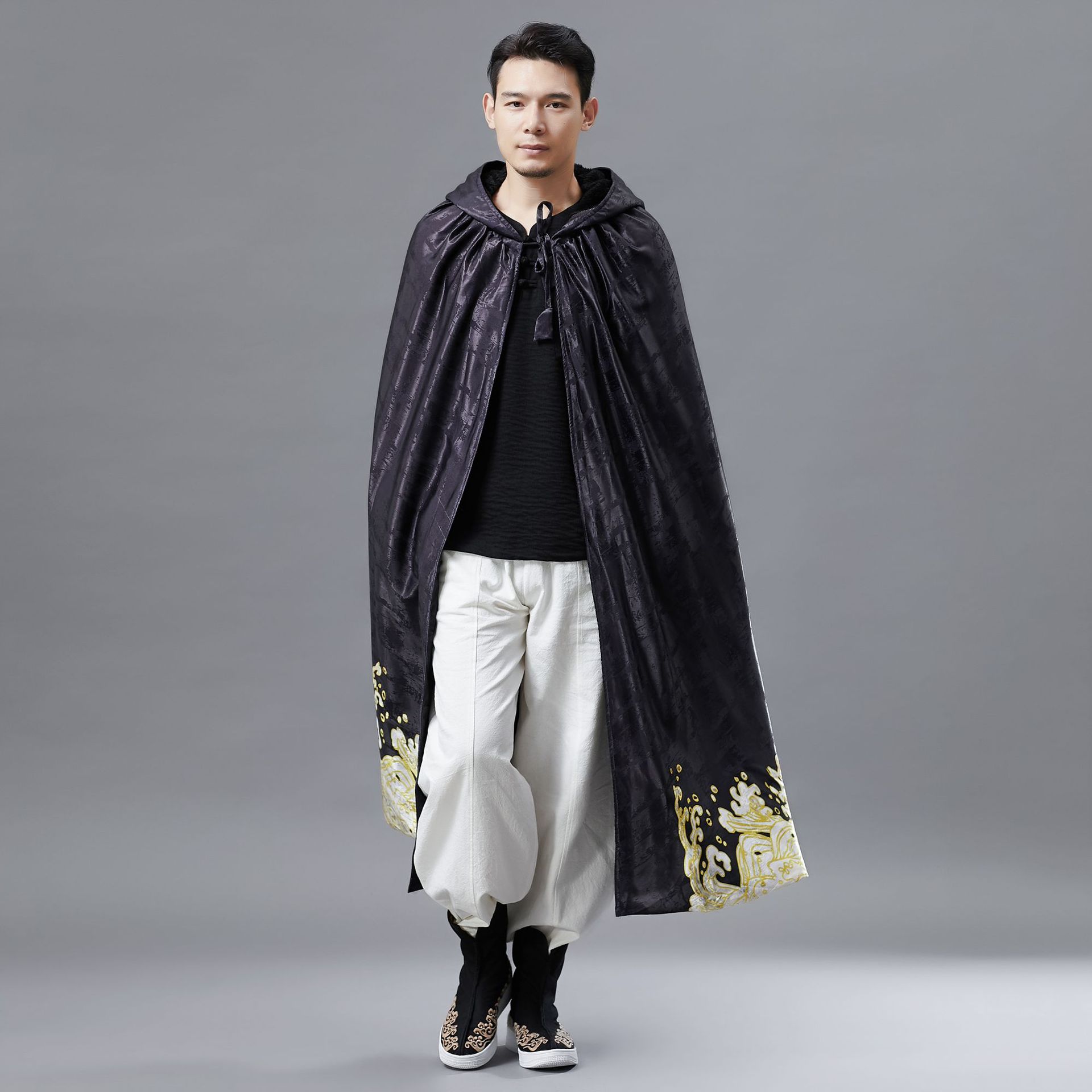 复古麻凡秋季新款 金龙带帽披风 斗篷男中国风印花带帽长款风衣