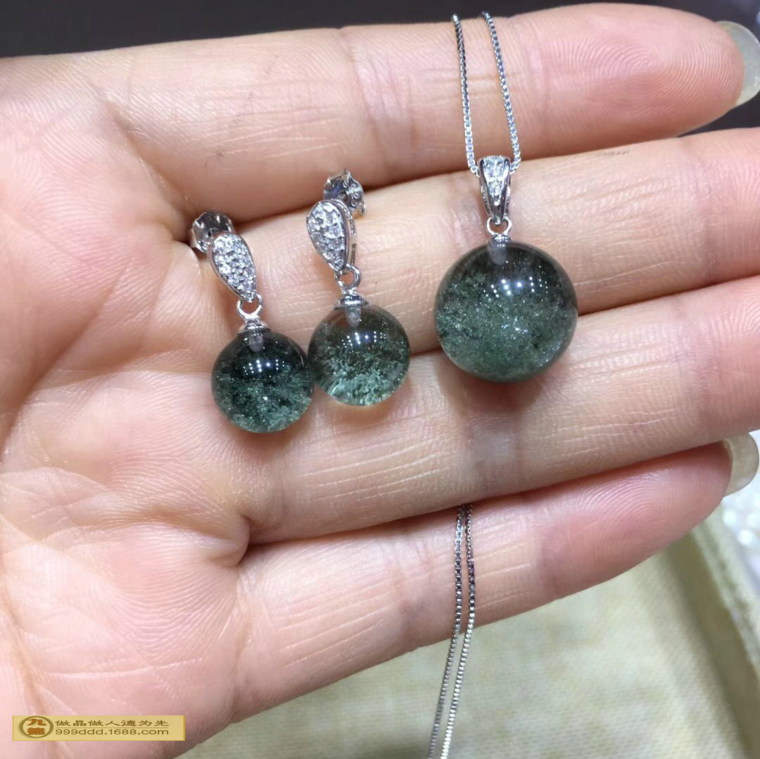 天然绿幽灵转运珠吊坠耳坠套装925银精工镶嵌颜色漂亮上身美美哒