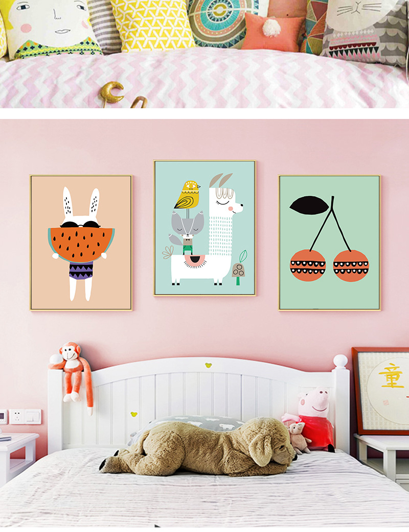 儿童房装饰画卧室挂画床头画女孩男孩房间壁画动物卡通画现代简约