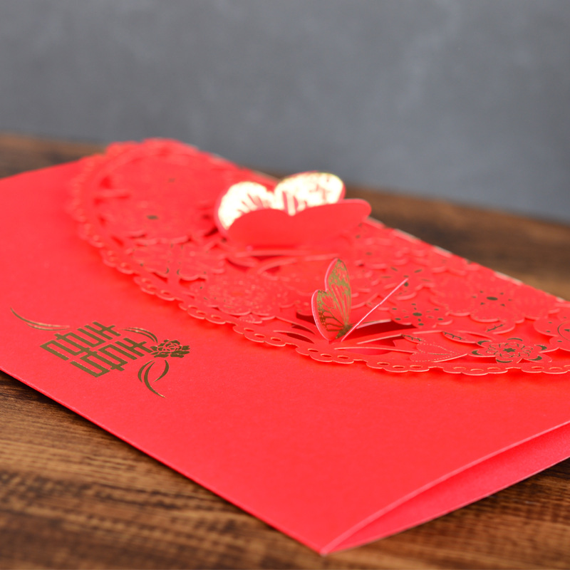 创意婚庆用品邀请函婚礼专用请柬请帖烫金镂空的色蝴蝶卡扣批发