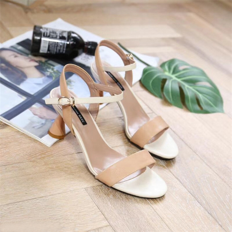 温州杜米亚2018夏季新款露趾锥形跟凉鞋女时尚拼色前后绊带高跟鞋