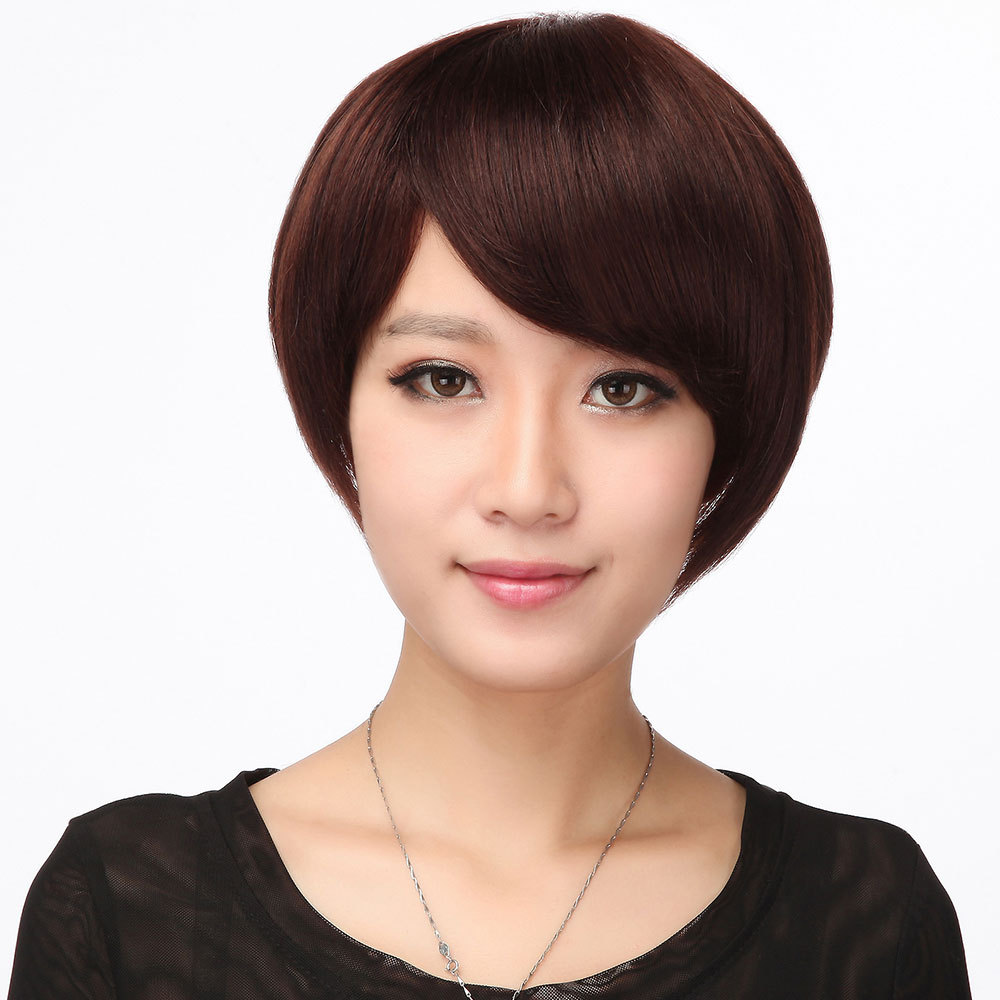 日韩假发女短发 斜刘海真人发 逼真bobo头中老年假发套 一件代发