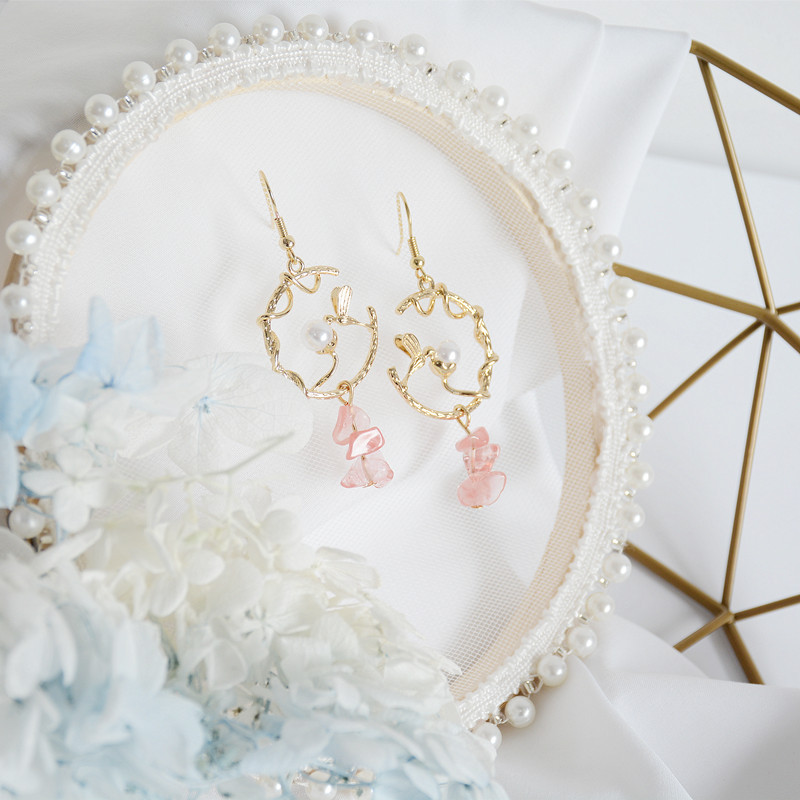 城阳区夏沫手作气质耳环文艺小鸟珍珠水晶碎石女复古耳坠耳夹