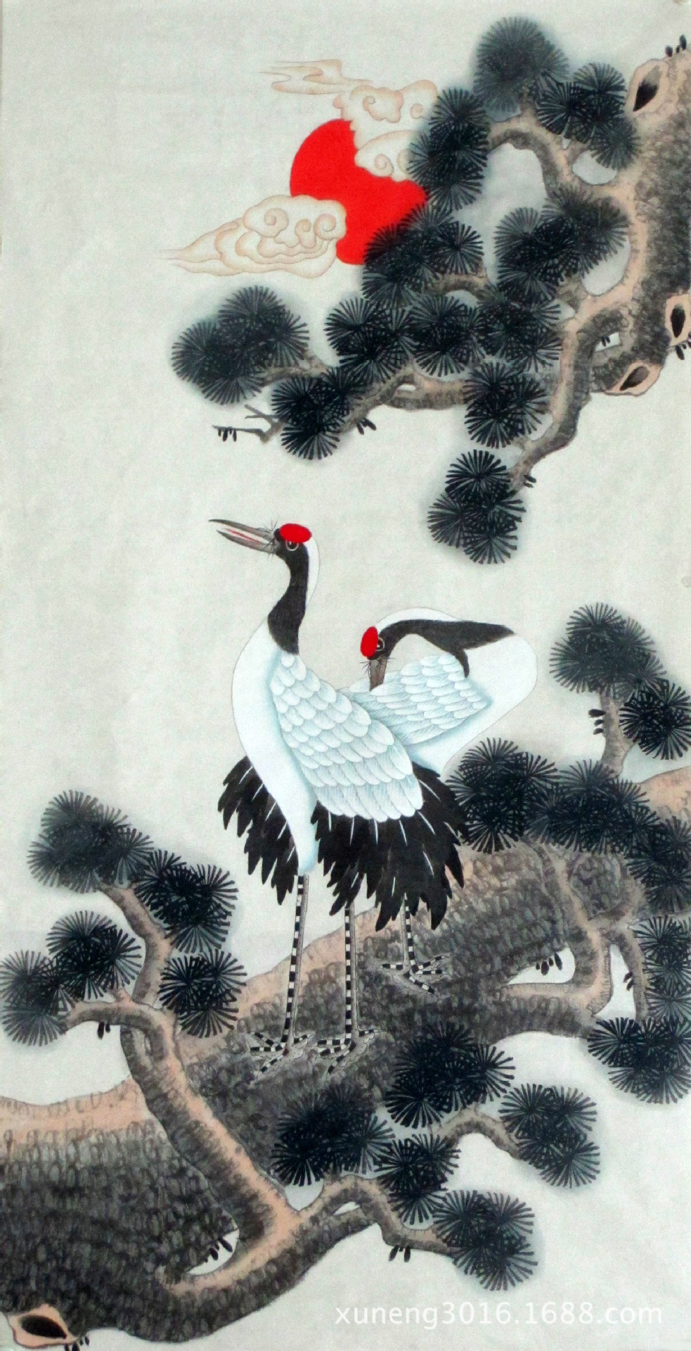 纯手绘花鸟画 四尺中堂工笔花鸟画鹤龄松寿sh03