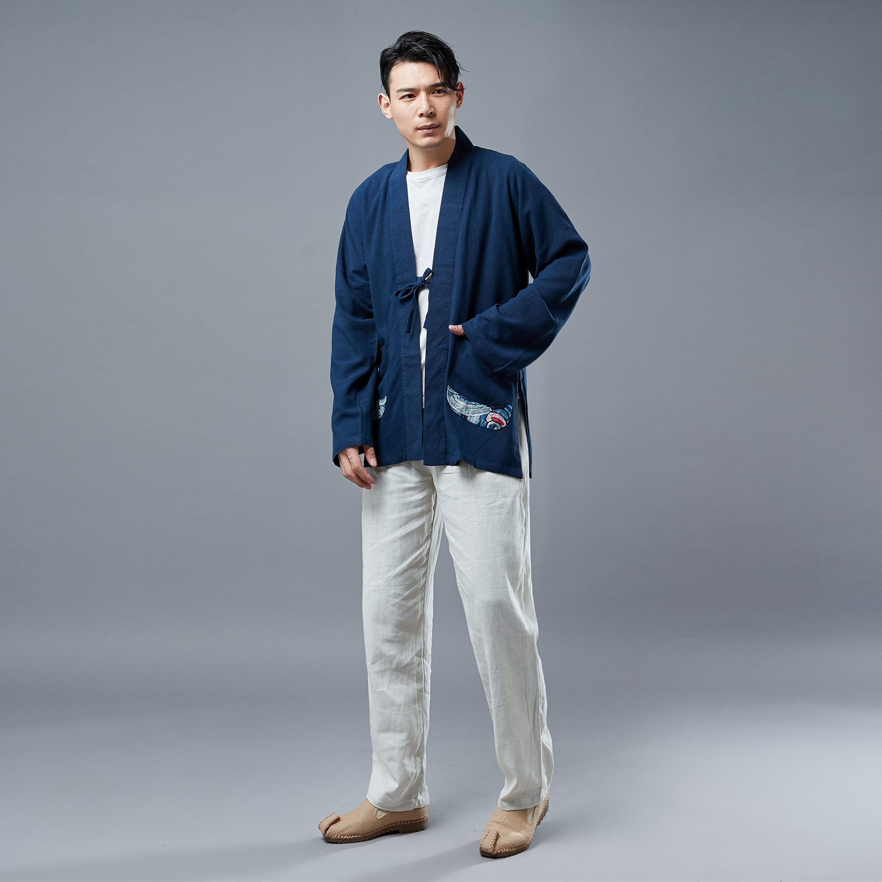 新款中式唐装汉服夏装男亚麻v领长袖休闲民族风汉服衬衫批发