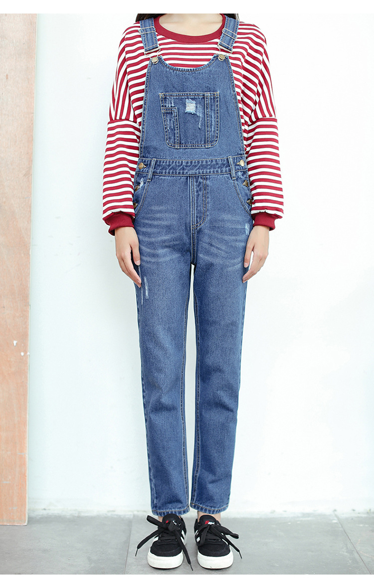 2018春秋新款背带牛仔裤女韩版宽松吊带裤破洞直筒长裤学生裤女潮