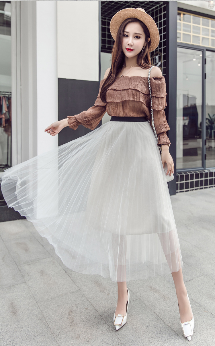 2020春秋新款韩版高腰百褶雪纺网纱裙中长款半身裙蓬蓬长裙沙滩裙