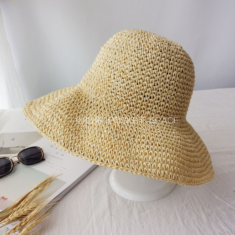 Wide Brim Handmade Crochet Sunshade Straw Hat Female Summer Sun-Proof Bucket Hat Folding Beach Hat Seaside Vacation Sun Hat