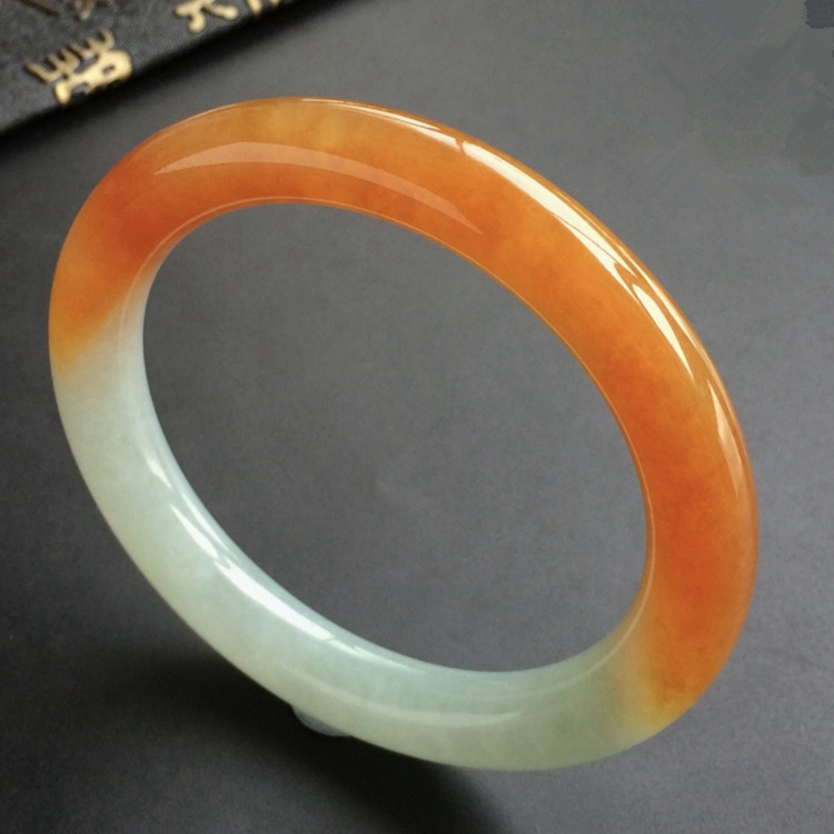 翡翠冰糯种细圆条手镯黄翡玉镯缅甸老坑春彩红翡贵妃镯女