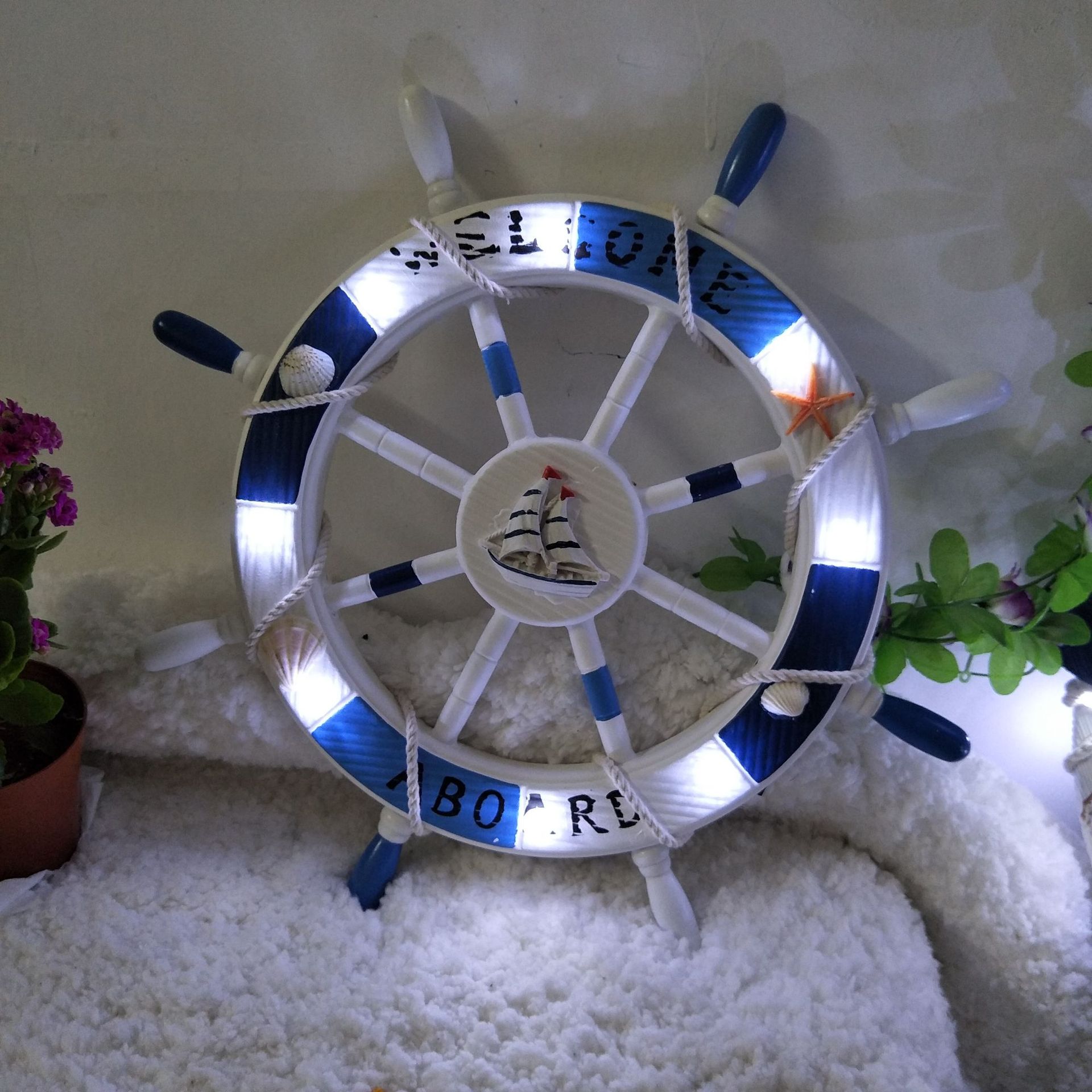 地中海62公分木质带灯船舵手工制作航海创意舵手复古做旧工艺品