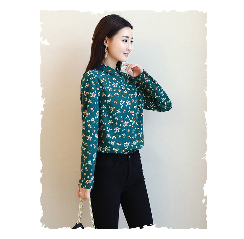 全棉小碎花衬衫女长袖早秋新款女装2018宽松百搭纯棉花色打底衬衣