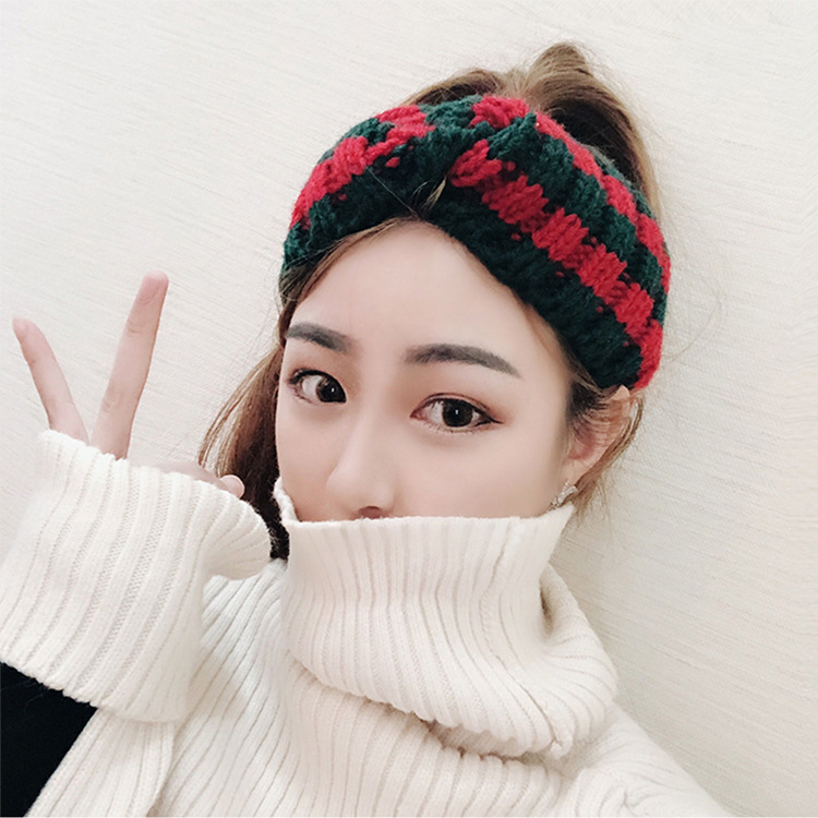 Factory Direct 2019 New Online Celebrity Winter Knitted Wool Hair Band Sweet Super Fairy Ins Style Red and Green with Hair Ring