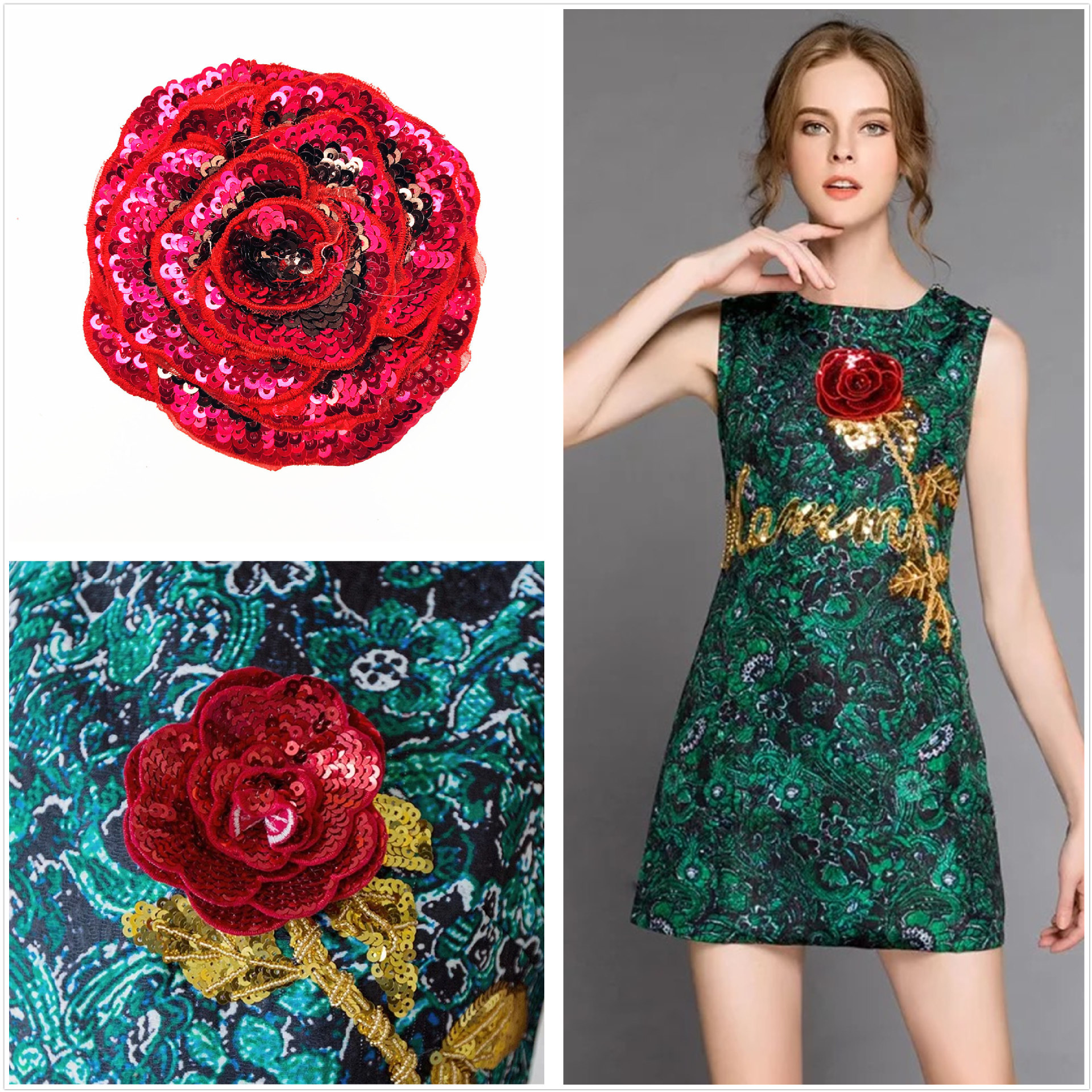 3d效果玫瑰花珠片亮片手工布贴刺绣贴花衣服珠片diy补丁贴服装t恤